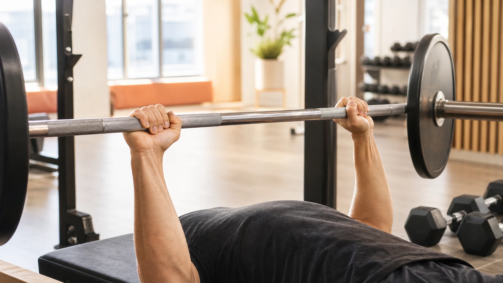 Bänk med skivstång i rack och säkerhetsbockar på rätt höjd i ett ljust gym, viktplattor på golvet utan personer i bild