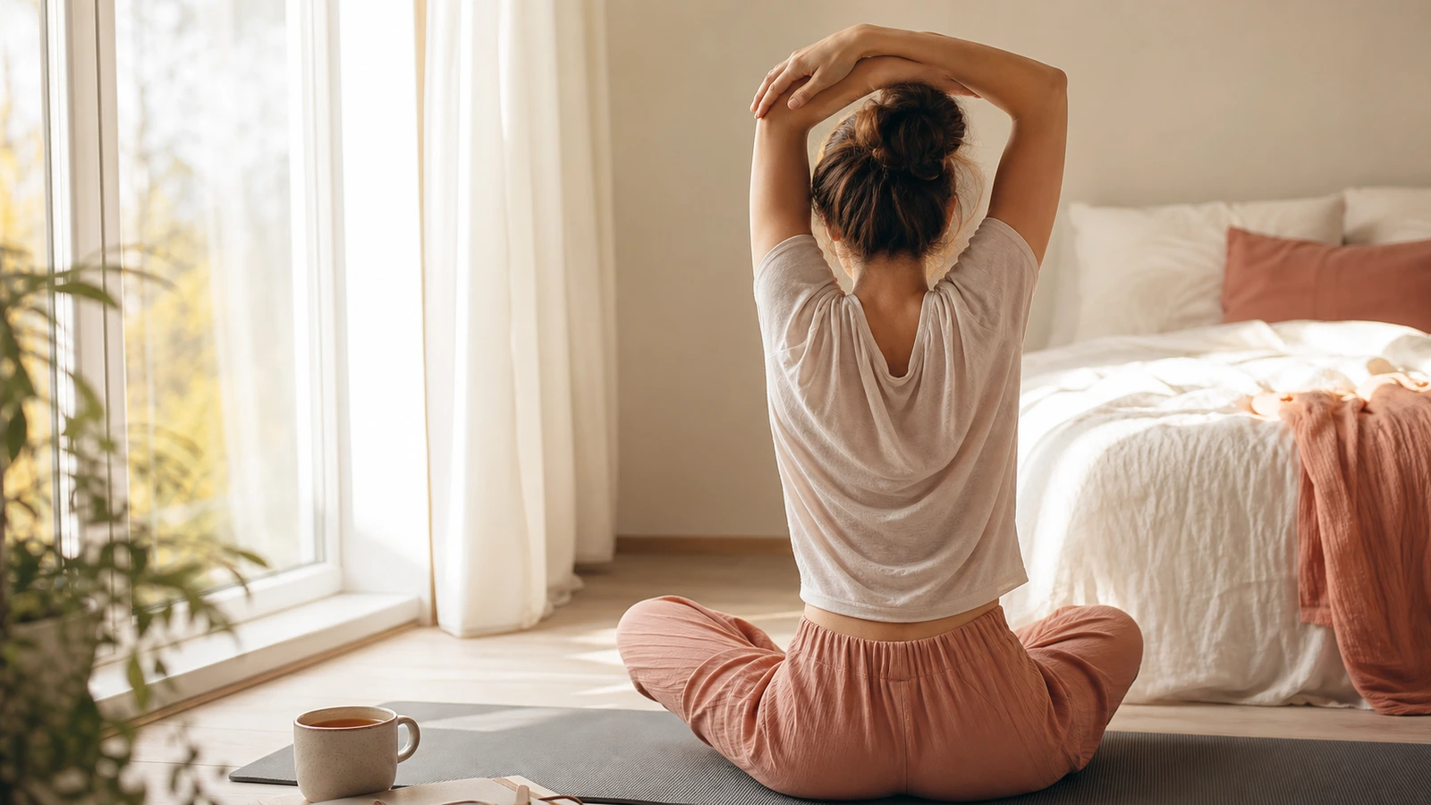 Tom meditationskudde på trägolv i ljust rum med dagsljus från fönster, ingen person synlig
