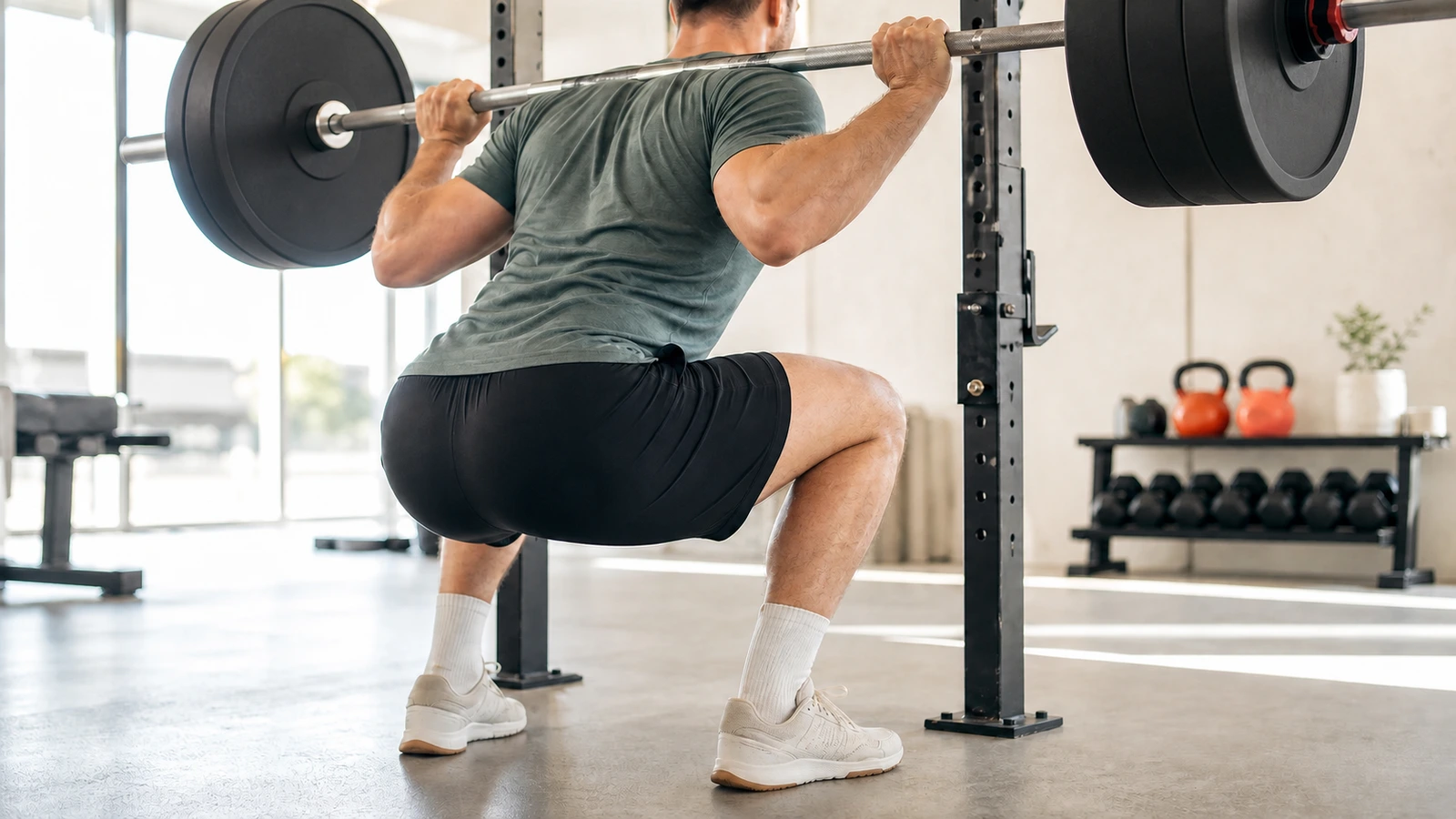 Tomt knäböjsrack med skivstång på rätt höjd i ett upplyst gym, viktplattor staplade bredvid utan personer i bild