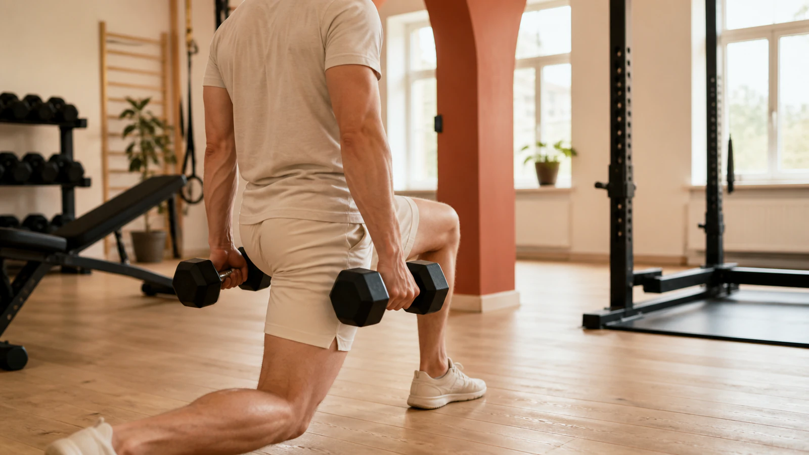 Träningsväska och vattenflaska vid entrén till ett gym i stadsmiljö